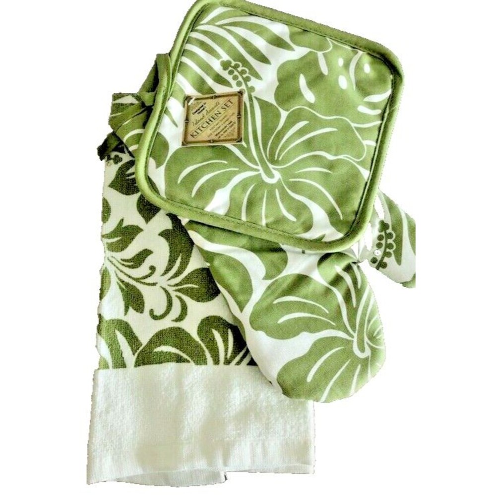 Green Hibiscus Floral Kitchen Dish Towel Oven Mitt Potholder Set of 3 Tropical